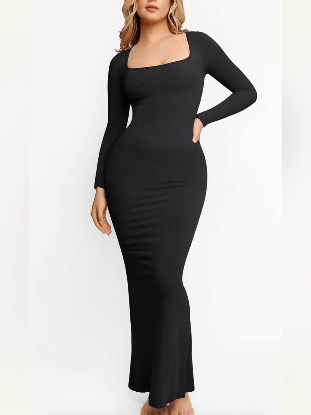 Popilush Black Shapewear Square Neck Long Sleeve Slimming Modal Maxi Dress XL